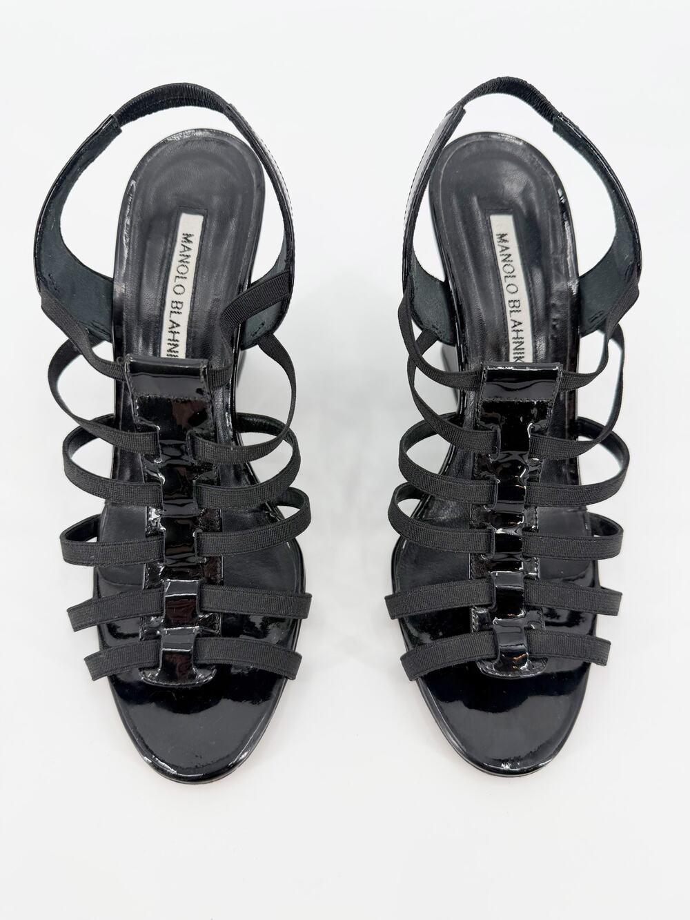 Manolo Blahnik Strappy Black Wedge Sandals Patent Leather Vintage Laggia Sz 37
